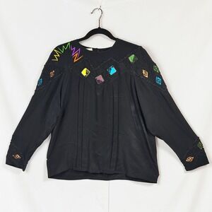 VTG Anne French Blouse Woman Lrg Black Silk Embroidered Neon Geometric Art Deco